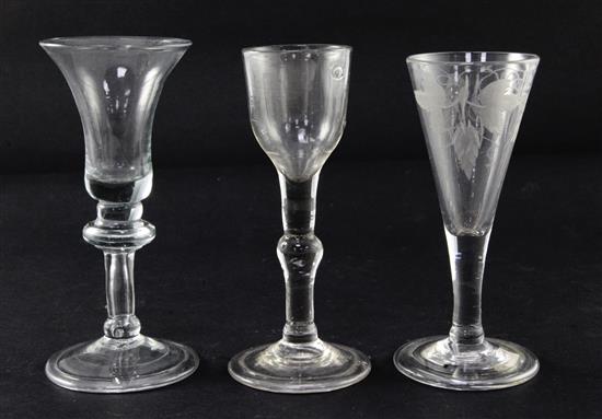 An ale glass and two wine glasses, c.1730-45, 14.5 - 15cm